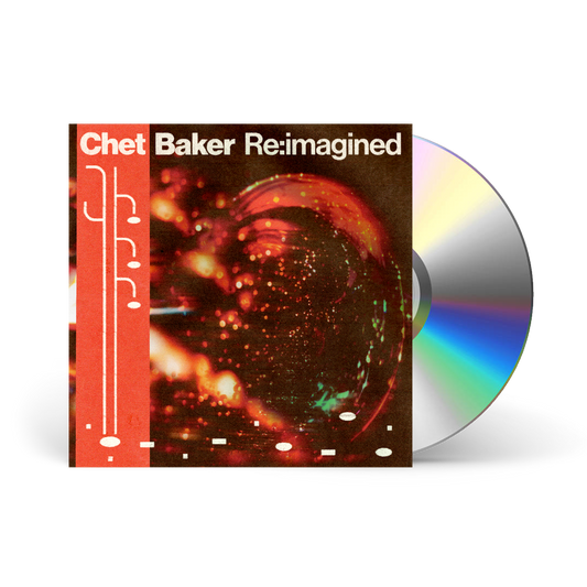 CD case for “Chet Baker Re:imagined” with abstract red and black cover art.
