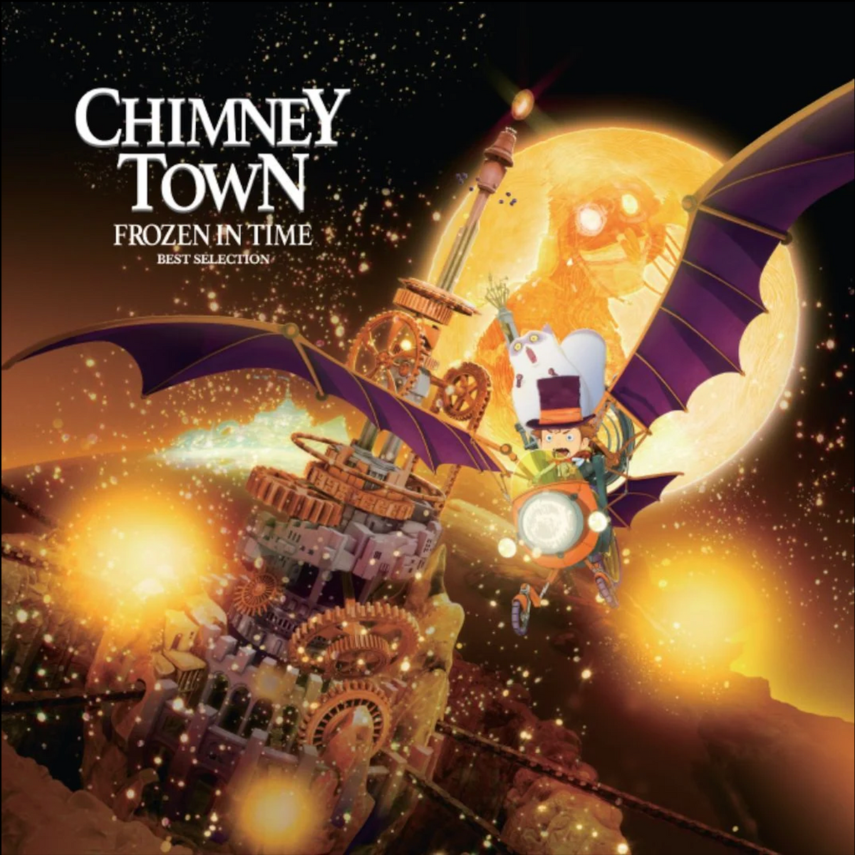 Fantasy illustration of a clockwork town with characters and a large moon.