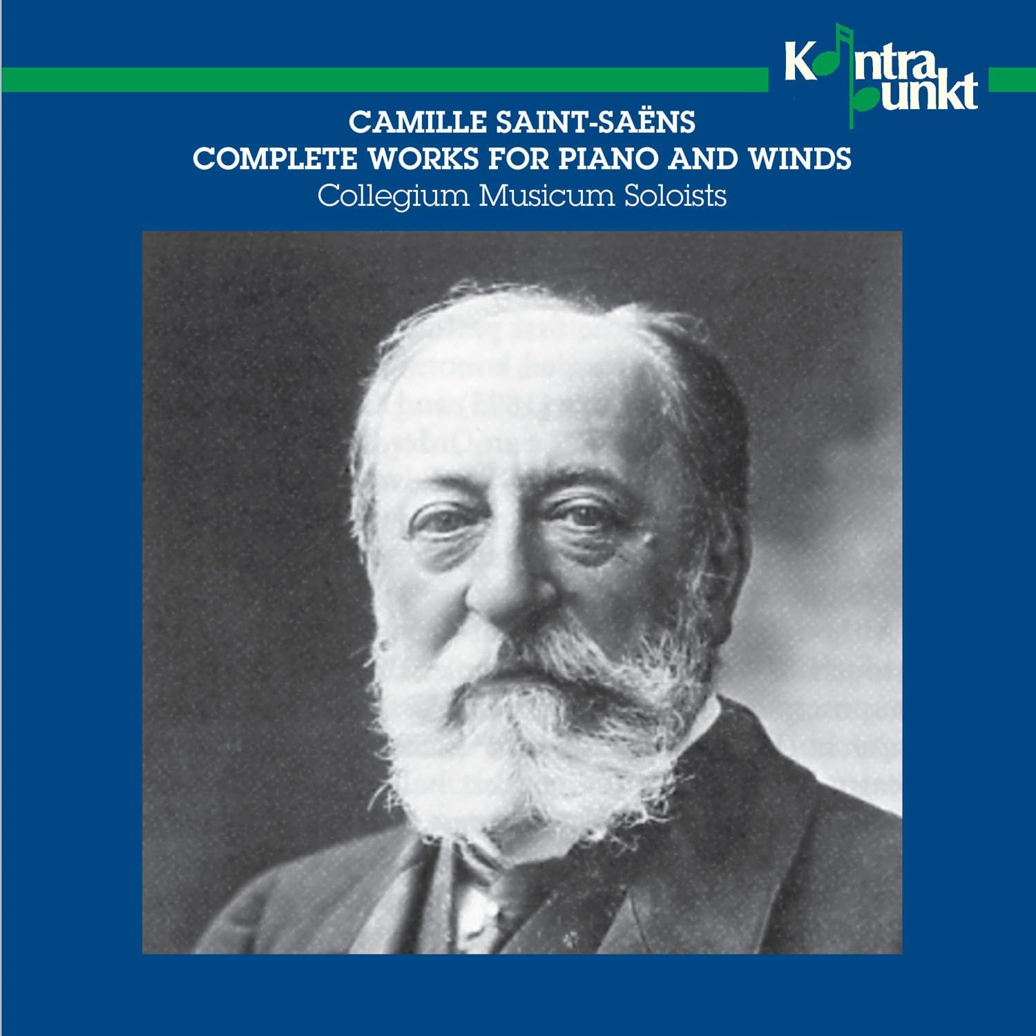 CD cover featuring a black and white portrait of Camille Saint-Saëns on blue background.