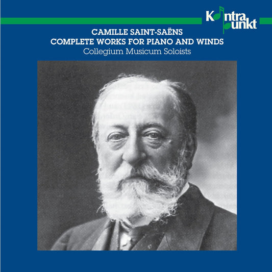 CD cover featuring a black and white portrait of Camille Saint-Saëns on blue background.