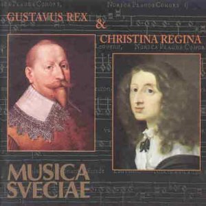 CD cover featuring portraits of Gustavus Adolphus and Queen Christina against a musical score background.