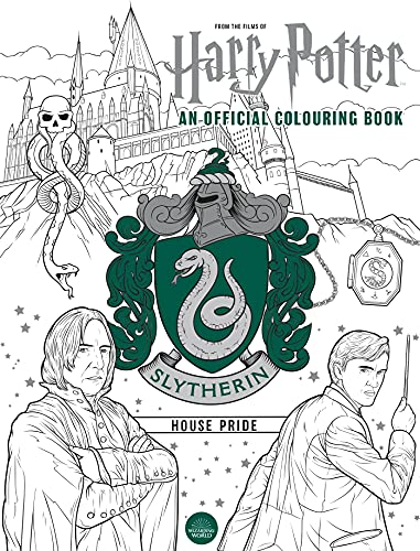 Harry Potter Slytherin colouring book cover featuring Hogwarts, the house crest, Snape, and Malfoy.
