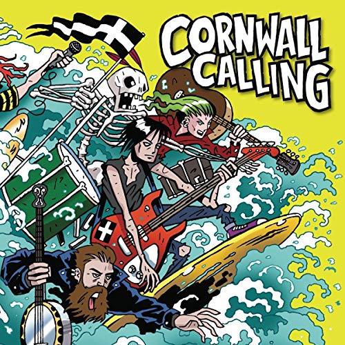 Cartoon musicians surfing a wave, album cover for "Cornwall Calling.
