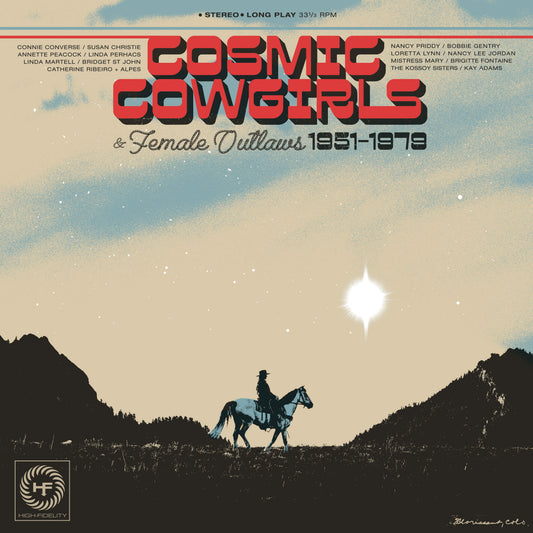 CD cover: Silhouette of a cowgirl riding into a sunset landscape.