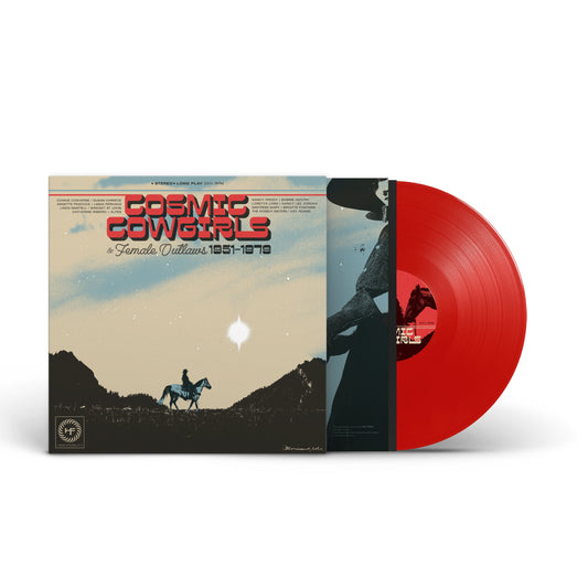 Red vinyl LP of "Cosmic Cowgirls" with cover art of a silhouetted rider.