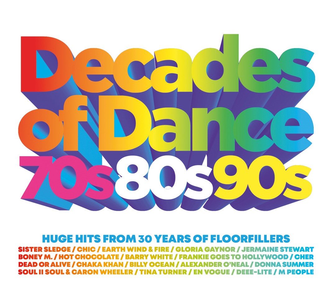 CD cover titled Decades of Dance 70s 80s 90s with colorful 3D text.