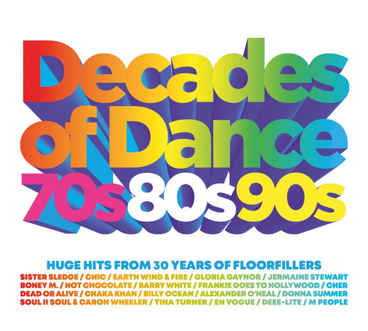 CD cover titled Decades of Dance 70s 80s 90s with colorful 3D text.