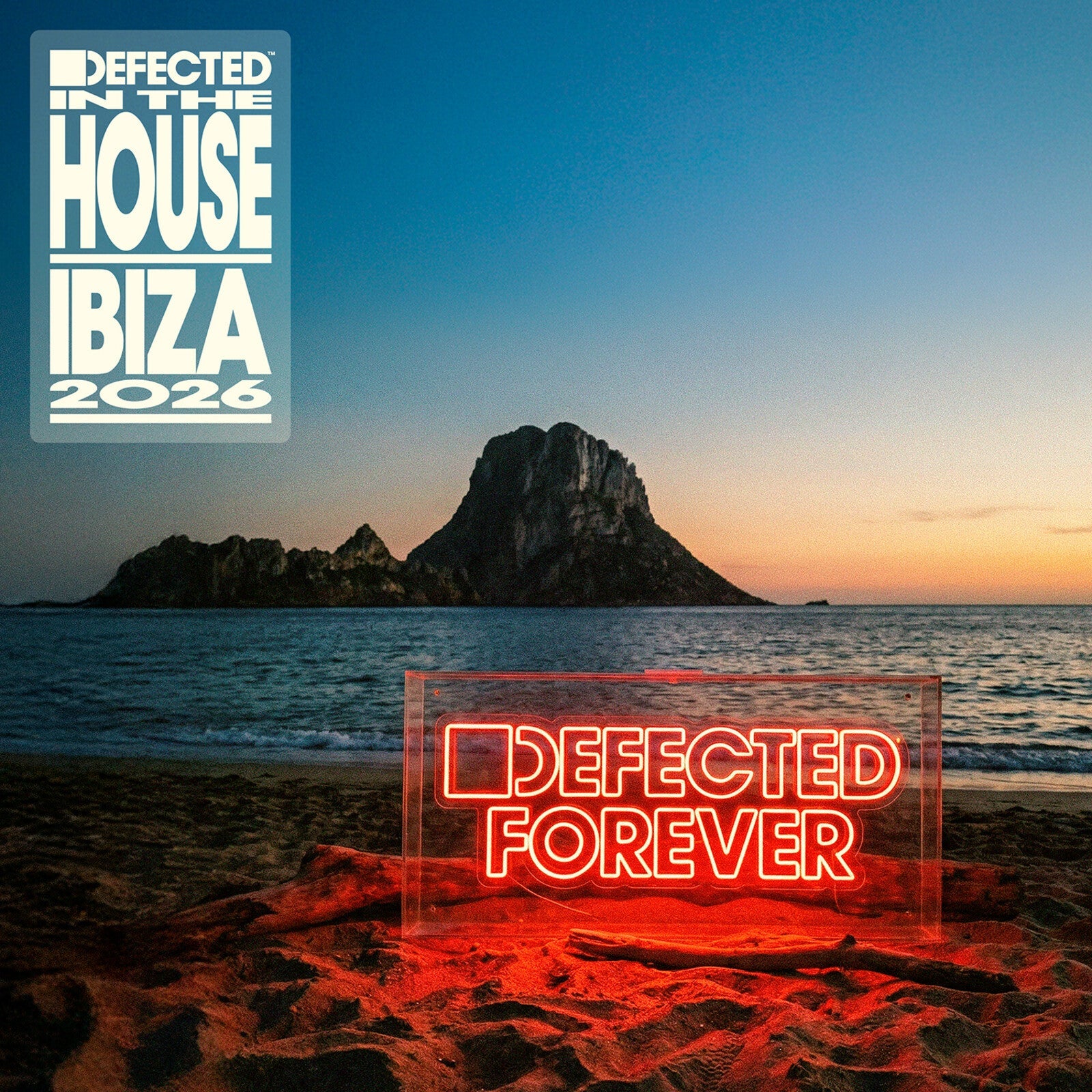 Album cover for “Defected In The House Ibiza 2026” with a sunset landscape.