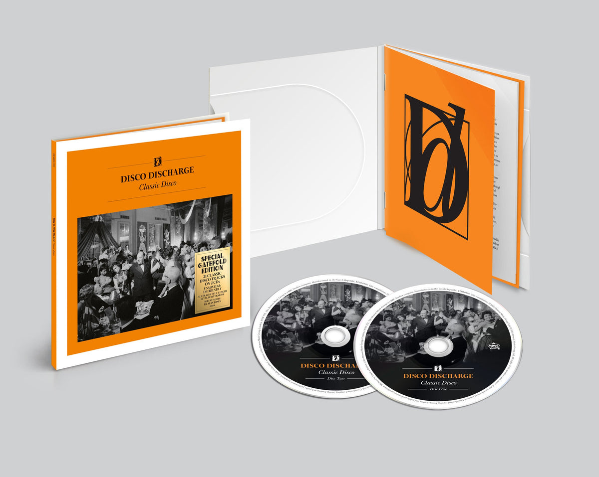 CD packaging for “Disco Discharge: Classic Disco” with a black and orange design.