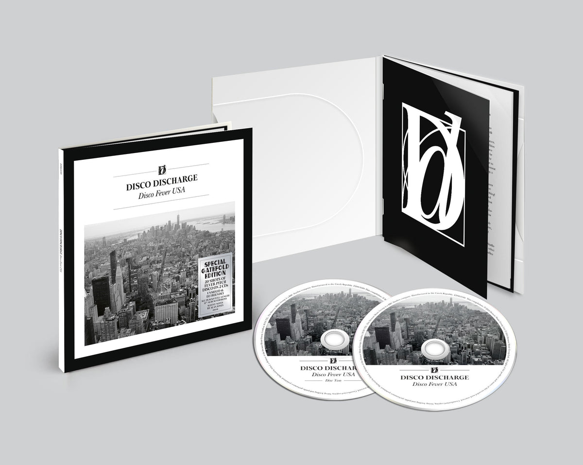 CD package for “Disco Discharge Disco Fever USA” with city scene imagery.