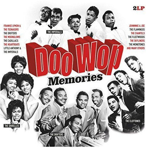 "Album cover with 'Doo Wop Memories' title and black-and-white images of various musical groups."