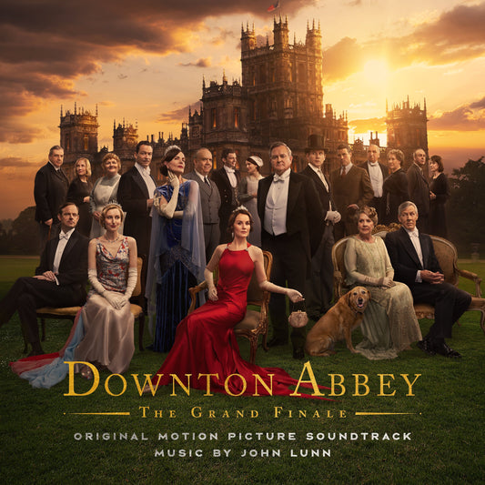 Downton Abbey cast portrait with the stately home at sunset, CD cover.