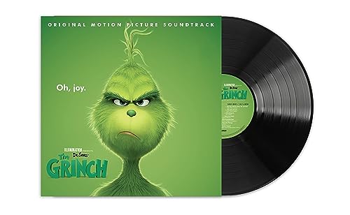 The Grinch soundtrack vinyl record with green cover and black disc.