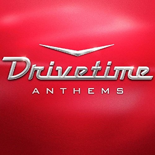 Drivetime Anthems text in metallic silver font on a textured red background.