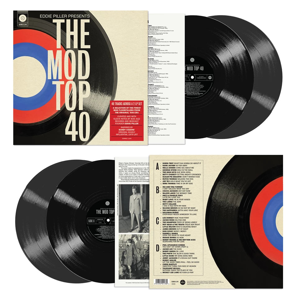 Vinyl record cover: "The Mod Top 40" with tracklist and bold typography.