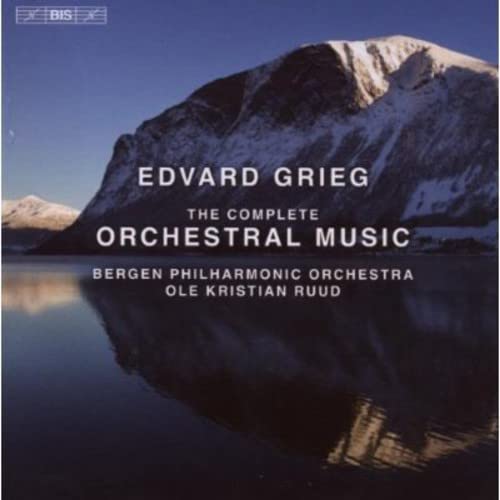 CD cover for Edvard Grieg’s complete orchestral music with a mountain landscape.