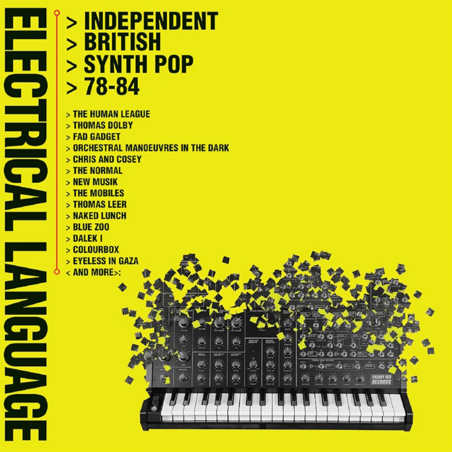 CD cover for “Electrical Language” featuring a synthesizer and artist list.