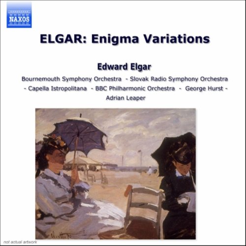 CD cover for Elgar’s Enigma Variations featuring figures with umbrellas.