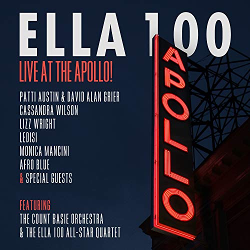 CD cover for "Ella 100: Live At The Apollo!" featuring a theater sign.