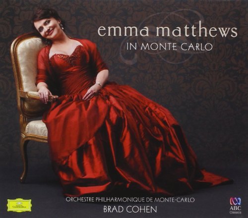 Emma Matthews in red gown seated in ornate chair, CD cover.