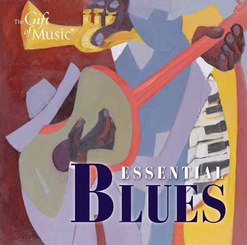 CD cover with abstract painting of musical instruments and text "Essential Blues".