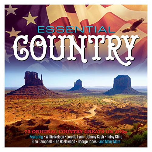 CD cover for “Essential Country” with American flag, desert landscape, and artists’ names.
