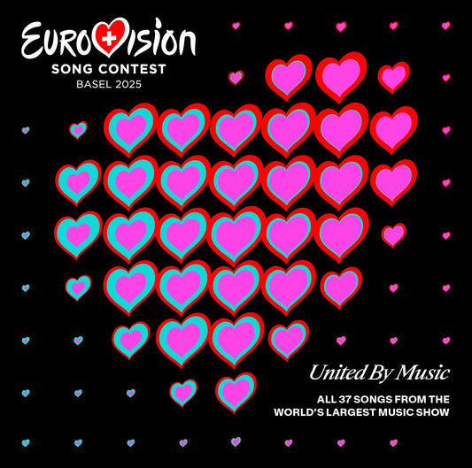 Eurovision Song Contest 2025 CD cover with pink hearts on black.