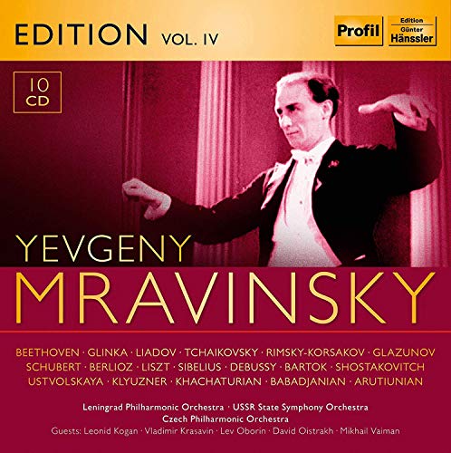 CD cover with conductor Yevgeny Mravinsky in a red-toned image, wearing a tuxedo.