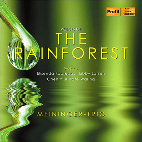 "CD cover with green background, water droplet, and 'Voices of the Rainforest' text."