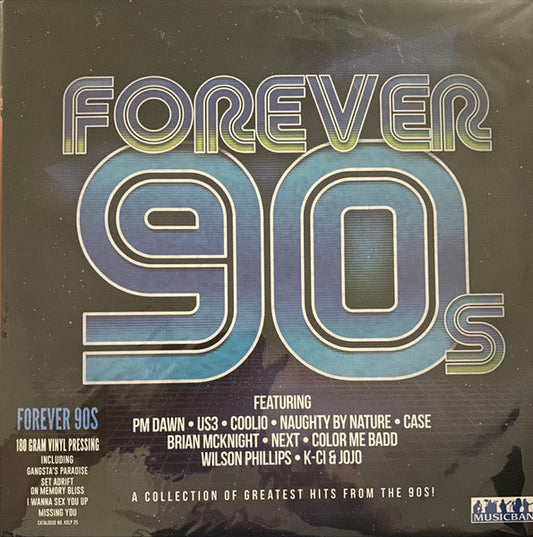 Forever 90s" vinyl record cover with colorful title and artist names.