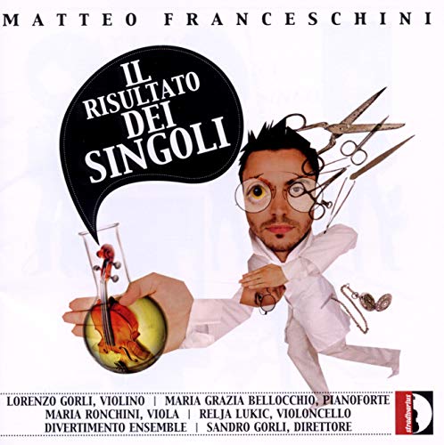 CD cover: man in lab coat with violin in a beaker, surreal art.