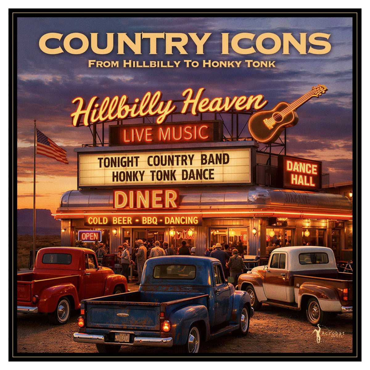 Vintage diner with parked trucks, advertising country music and dancing.