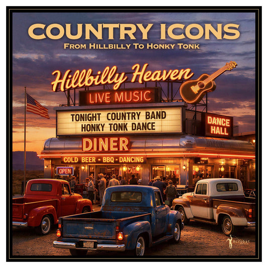 Vintage diner with parked trucks, advertising country music and dancing.