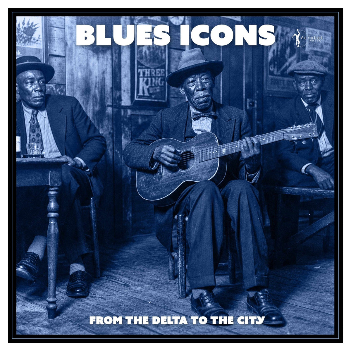 Vintage photo of three blues musicians with a guitar, album cover.
