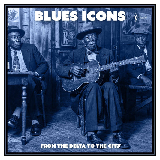 Vintage photo of three blues musicians with a guitar, album cover.