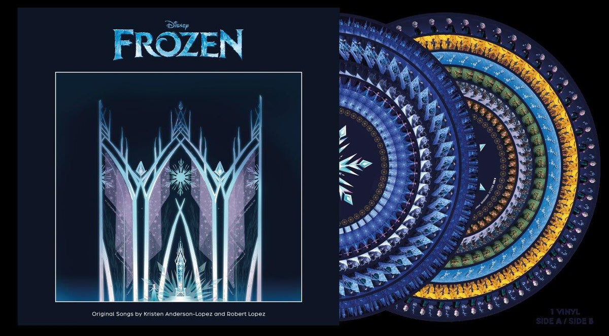 Frozen soundtrack vinyl record with snowflake zoetrope effect, two sides shown.