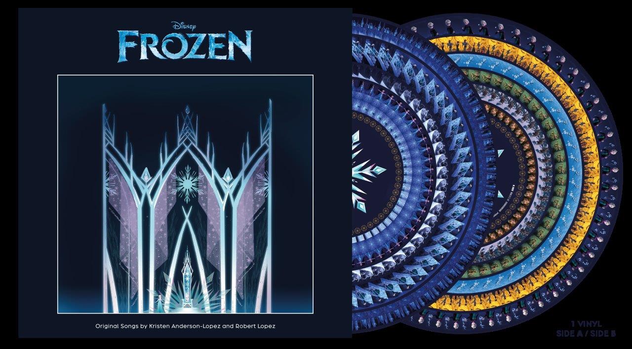 Frozen soundtrack vinyl record with snowflake zoetrope effect, two sides shown.
