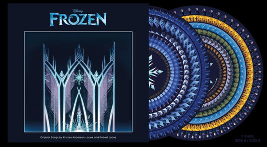 Frozen soundtrack vinyl record with snowflake zoetrope effect, two sides shown.
