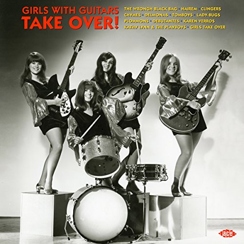 "Black and white album cover with five women posing with guitars and drums."