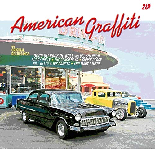 "Vinyl record cover featuring vintage cars outside a diner with 'American Graffiti' title."