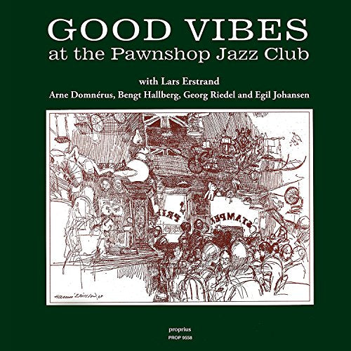 Vinyl album cover with dark green background and a brown ink sketch of musicians.