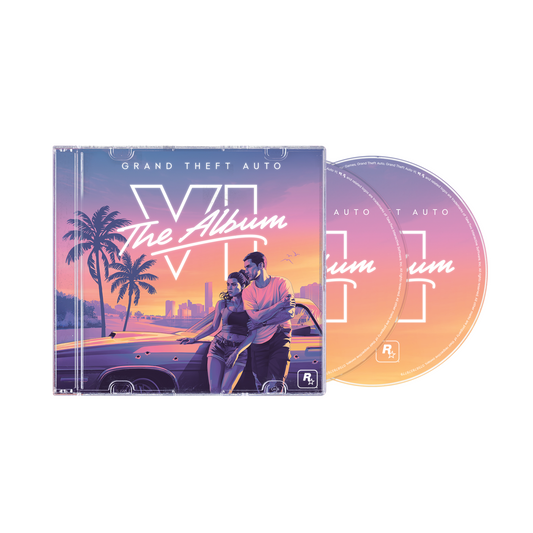 CD case for “Grand Theft Auto VI: The Album” with couple illustration.