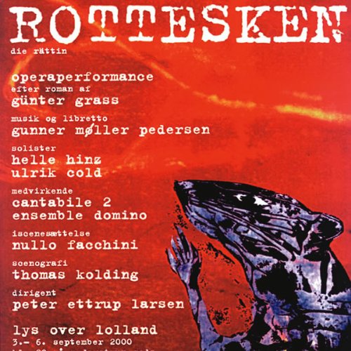 "Red poster with white text and a rat illustration, advertising an opera performance."