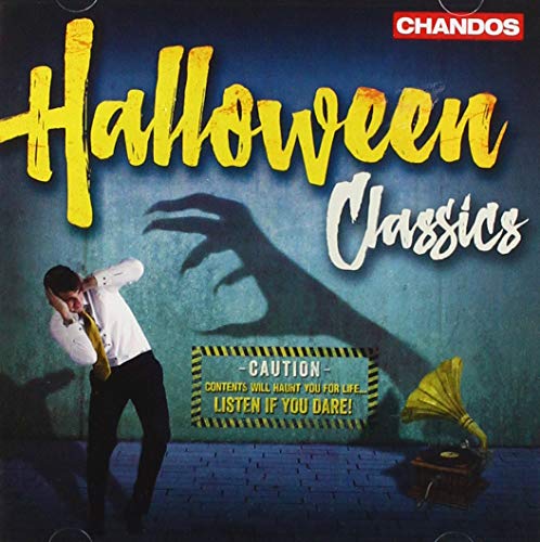 CD cover for “Halloween Classics” with a spooky hand shadow and gramophone.