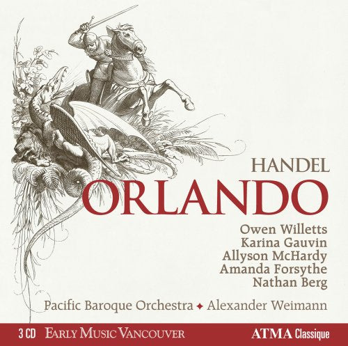 CD cover for Handel's "Orlando" featuring a knight fighting a dragon illustration.