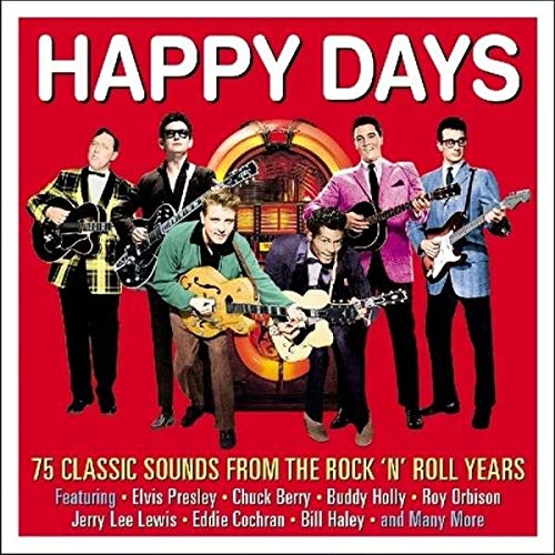 Five musicians with guitars stand before a jukebox on a red Happy Days background.