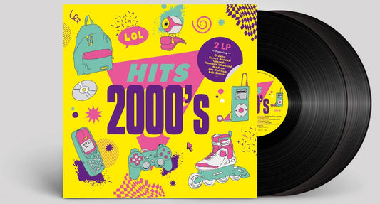 Colorful vinyl record cover for “Hits 2000’s” with Y2K imagery.