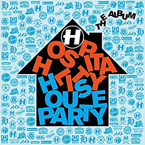 Album cover with a house-shaped logo containing the text Hospitality House Party.
