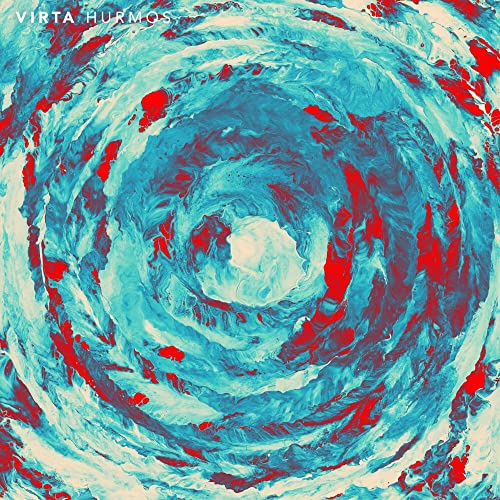 Swirling abstract painting in shades of blue and red.
