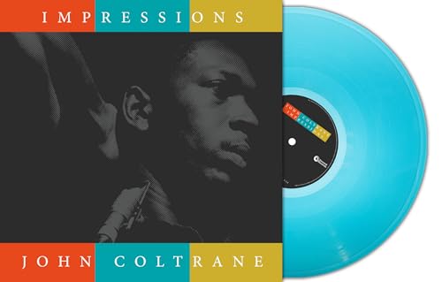 “Impressions” vinyl record featuring John Coltrane, turquoise colored disc.